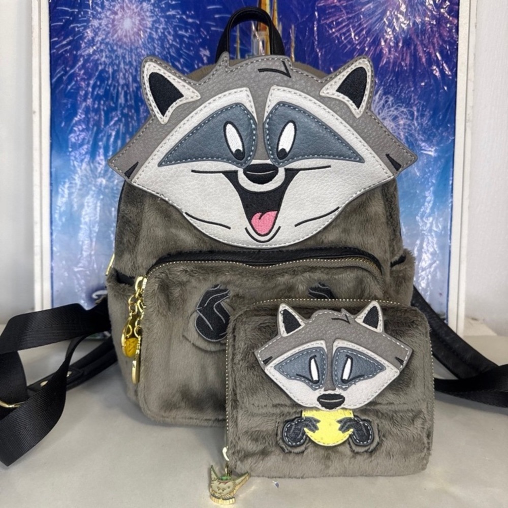 Disney Loungefly Pocahontas Meeko fuzzy raccoon mini backpack & wallet SET